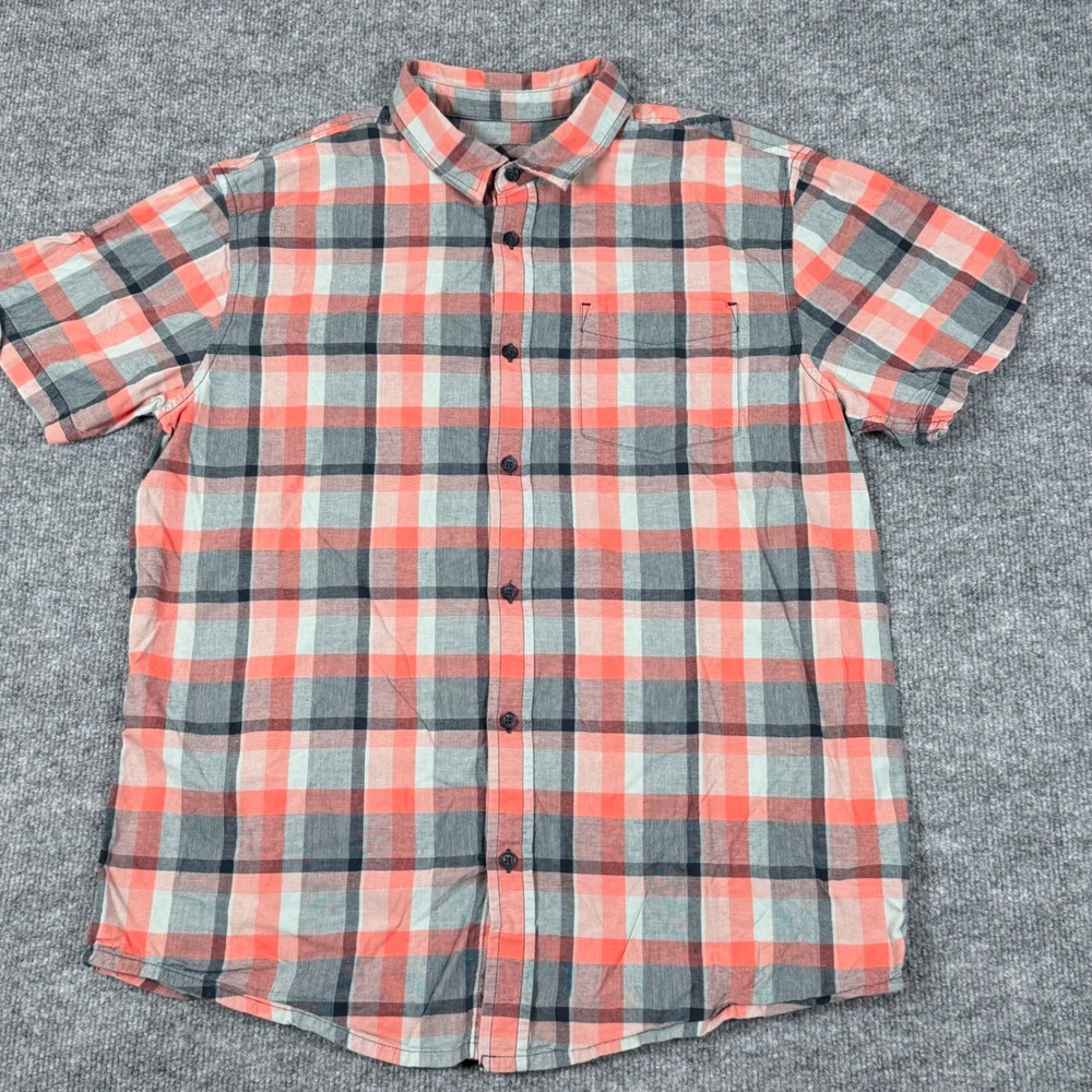 Prana Mens Large Orange Blue Gray Plaid SS Button Up Shirt Organic Cotton Fall